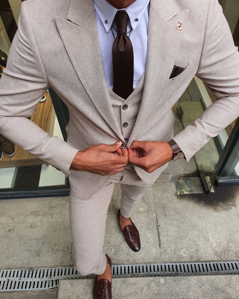Buy Beige Slim Fit Pinstripe Suit by GentWith.com with Free Shipping