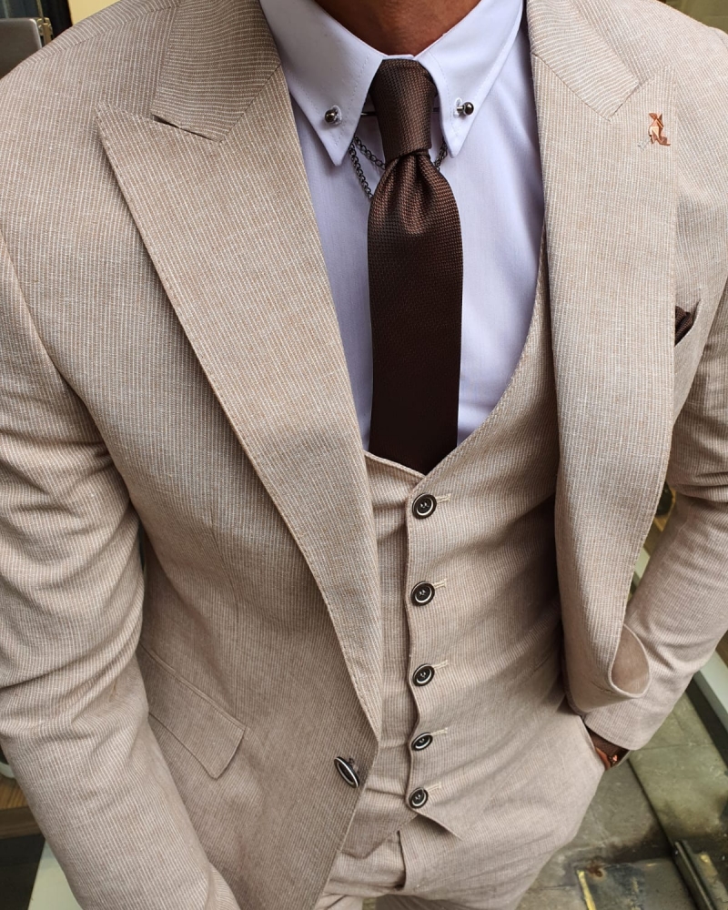 Beige Slim Fit Pinstripe Suit for Men by GentWith.com with Free Worldwide Shipping