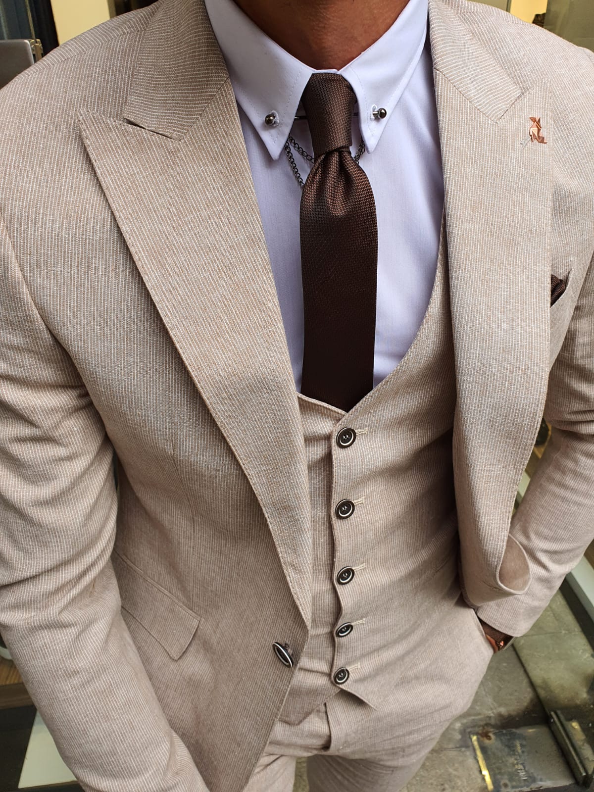Buy Beige Slim Fit Pinstripe Suit By With Free Shipping