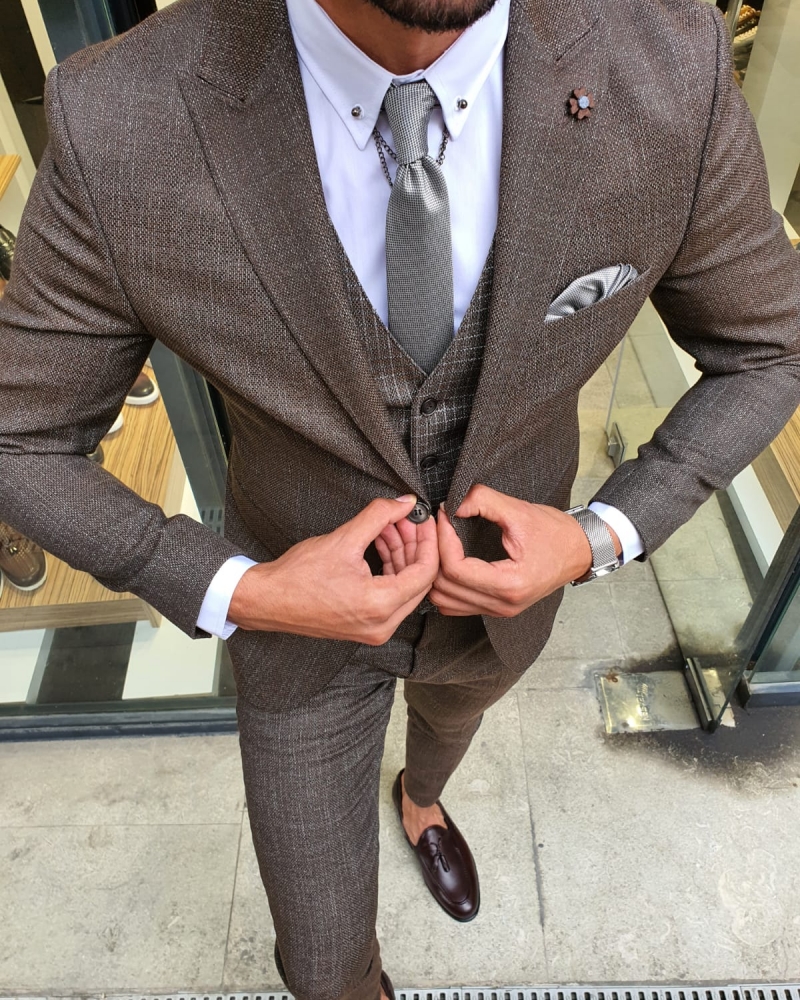 Brown Slim Fit Patterned Suit by GentWith.com with Free Worldwide Shipping