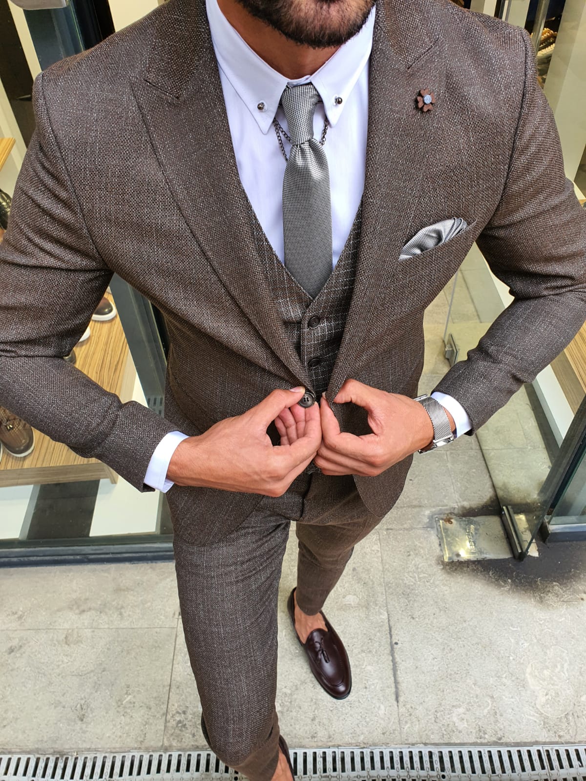 Buy Brown Slim Fit Patterned Suit by GentWith.com with Free Shipping