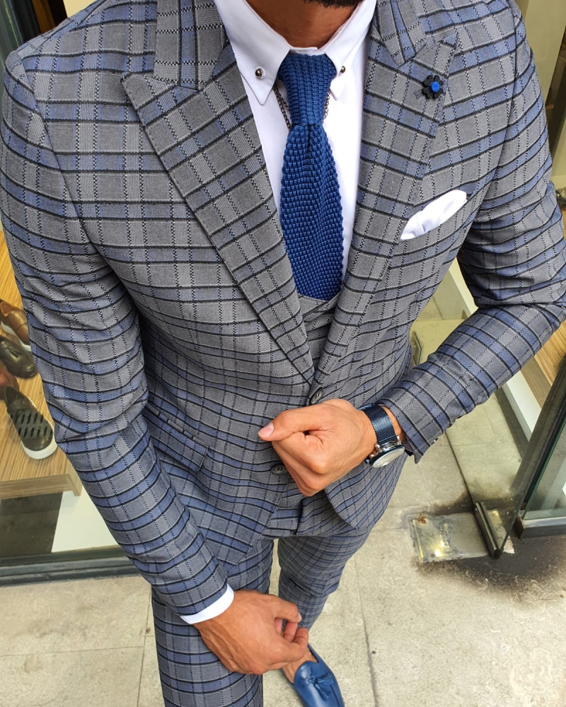 Gray Slim Fit Plaid Suit for Men by GentWith.com with Free Worldwide Shipping