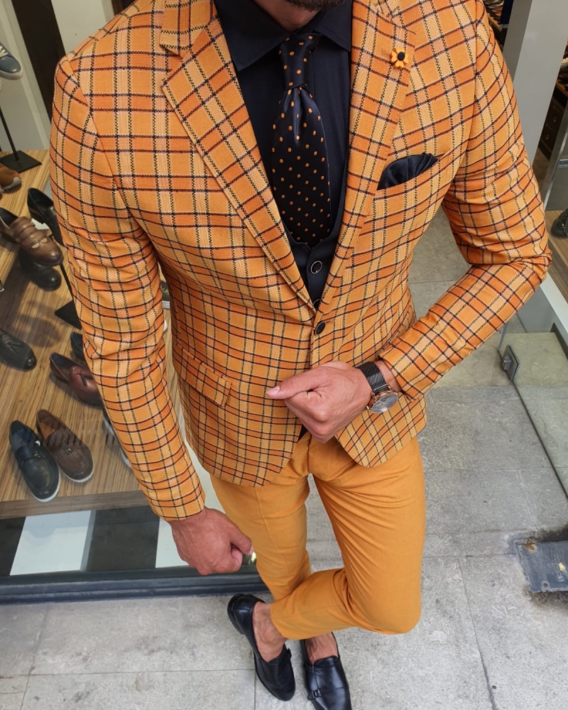 Mustard Slim Fit Plaid Suit for Men by GentWith.com with Free Worldwide Shipping