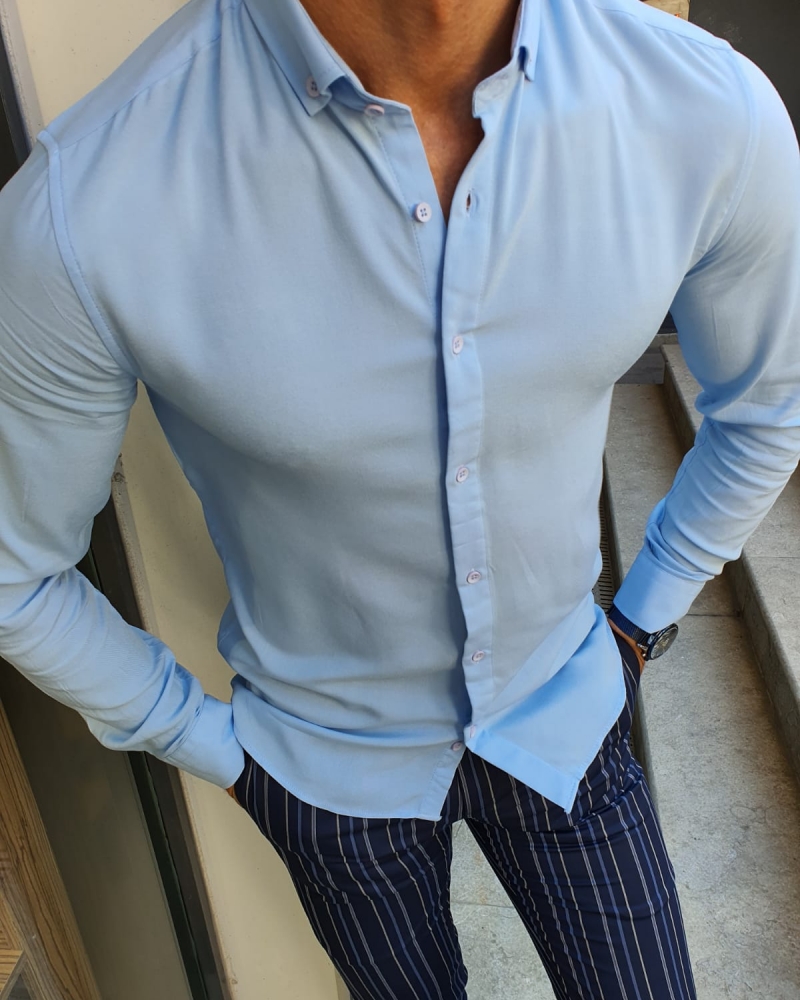 GentWith Newark Blue Slim Fit Button Collar Shirt - GENT WITH