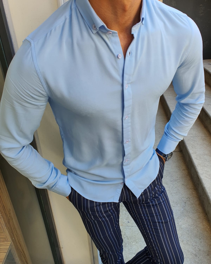 GentWith Newark Blue Slim Fit Button Collar Shirt - GENT WITH