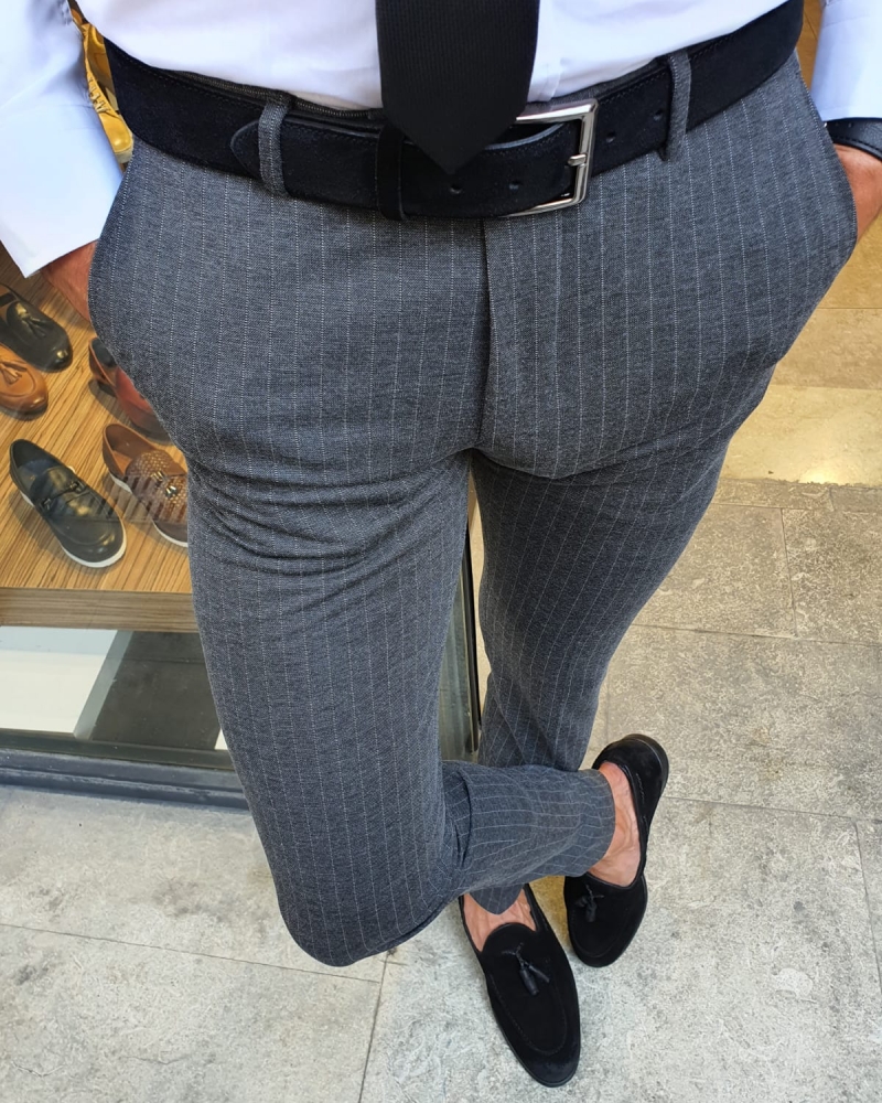 Anthracite Slim Fit Pinstripe Pants for Men by GentWith.com with Free Worldwide Shipping