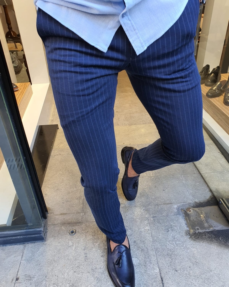 Indigo Slim Fit Pinstripe Pants for Men by GentWith.com with Free Worldwide Shipping