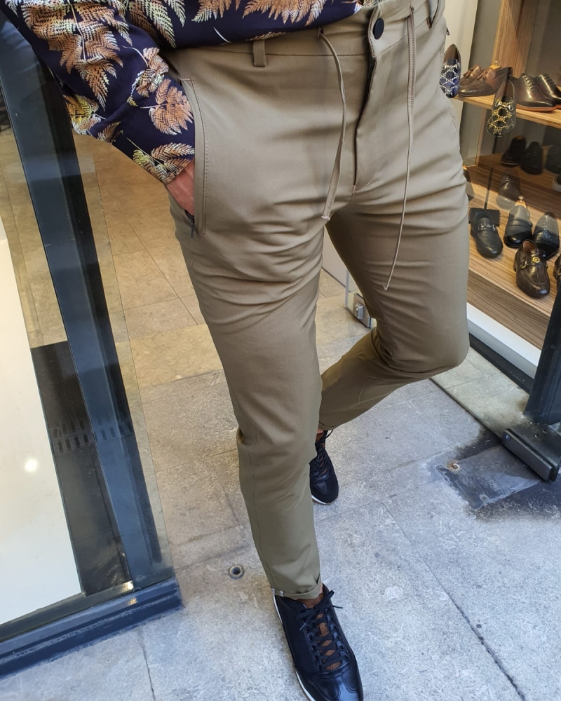 Khaki Slim Fit Laced Pants for Men by GentWith.com with Free Worldwide Shipping