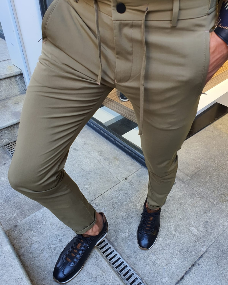 Khaki Slim Fit Laced Pants for Men by GentWith.com with Free Worldwide Shipping