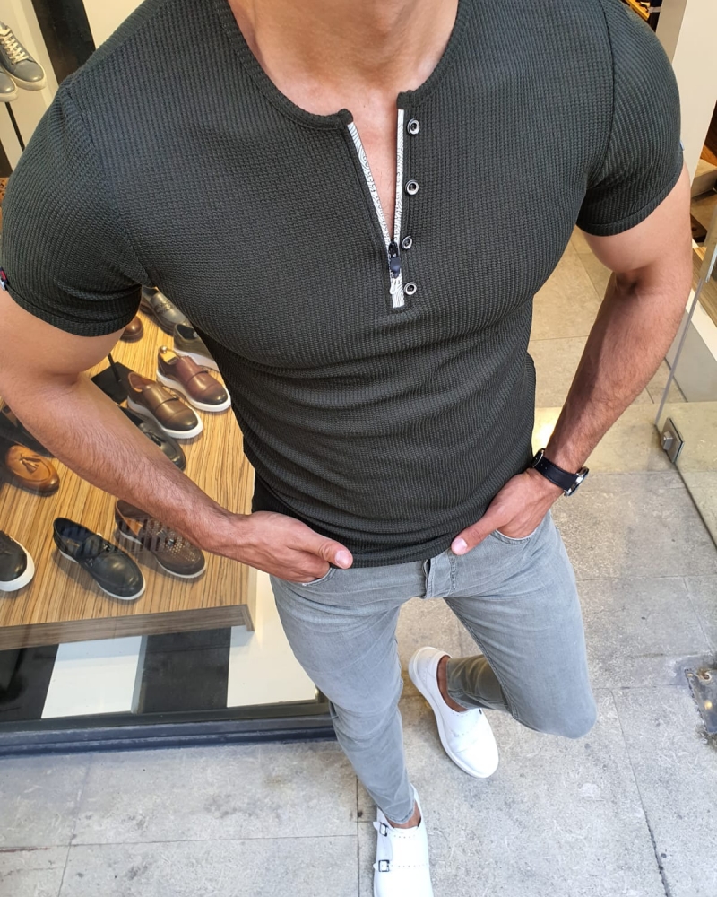 Khaki Slim Fit Round Neck Zipper T-Shirt for Men by GentWith.com with Free Worldwide Shipping