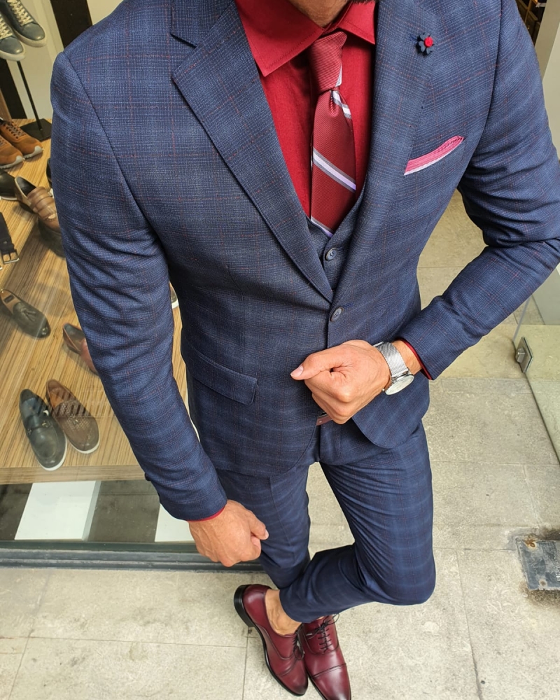 Navy Blue Slim Fit Plaid Suit by GentWith.com with Free Worldwide Shipping