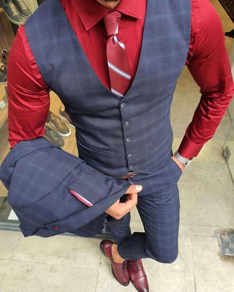 Navy Blue Slim Fit Plaid Suit for Men by GentWith.com with Free Worldwide Shipping