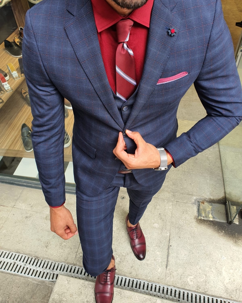 Buy Navy Blue Slim Fit Plaid Suit by GentWith.com with Free Shipping