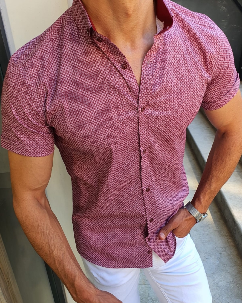 Claret Red Slim Fit Short Sleeve Shirt for Men by GentWith.com with Free Worldwide Shipping