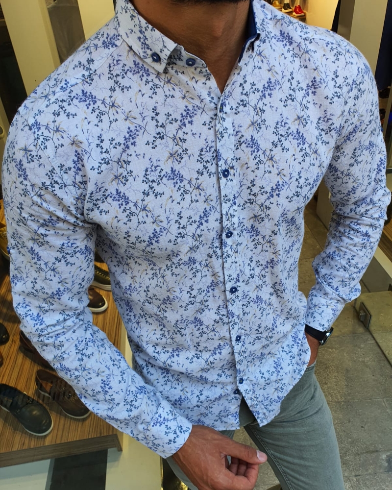 White Slim Fit Floral Shirt for Men by GentWith.com with Free Worldwide Shipping