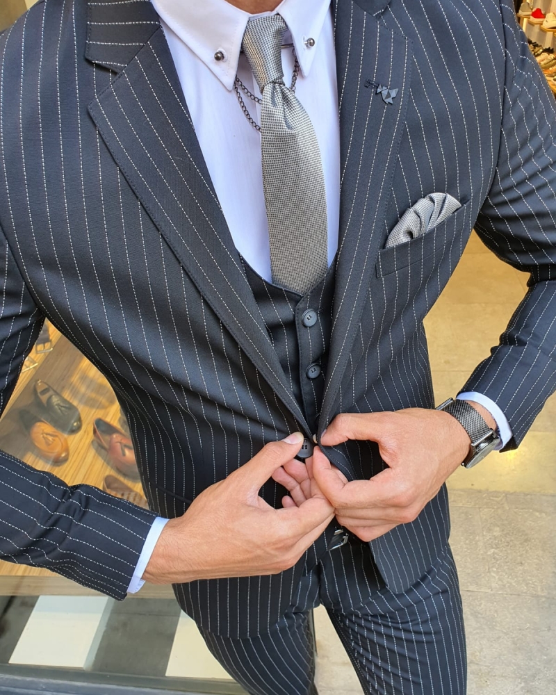 Black Slim Fit Pinstripe Suit for Men by GentWith.com with Free Worldwide Shipping
