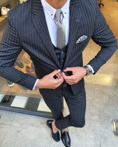 Black Slim Fit Pinstripe Suit for Men by GentWith.com with Free Worldwide Shipping
