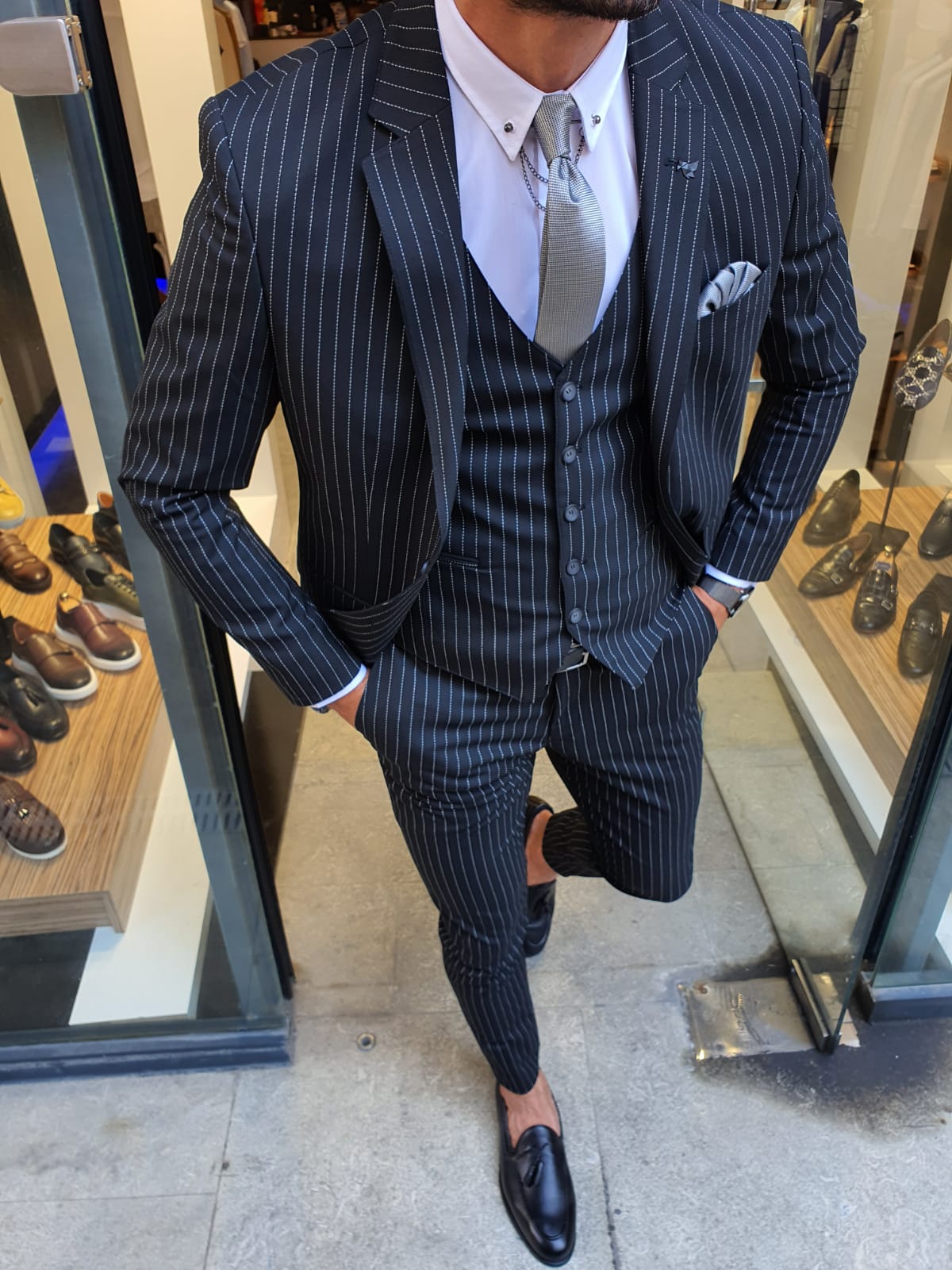 GentWith Reno Black Slim Fit Pinstripe Suit 3 