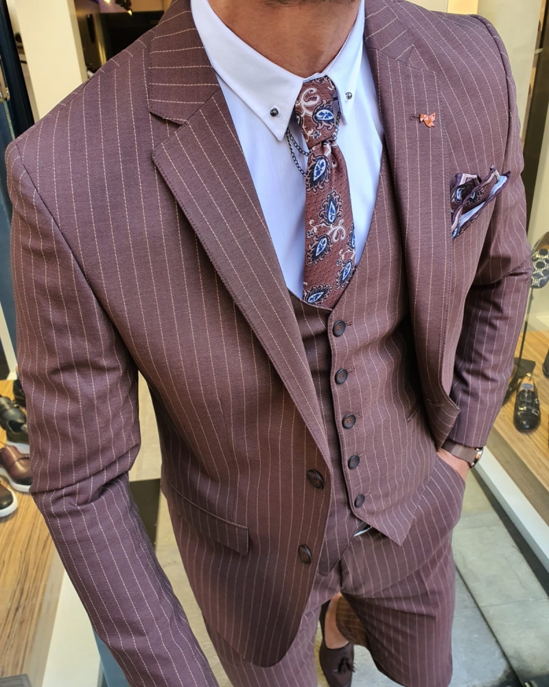 Camel Slim Fit Pinstripe Suit for Men by GentWith.com with Free Worldwide Shipping