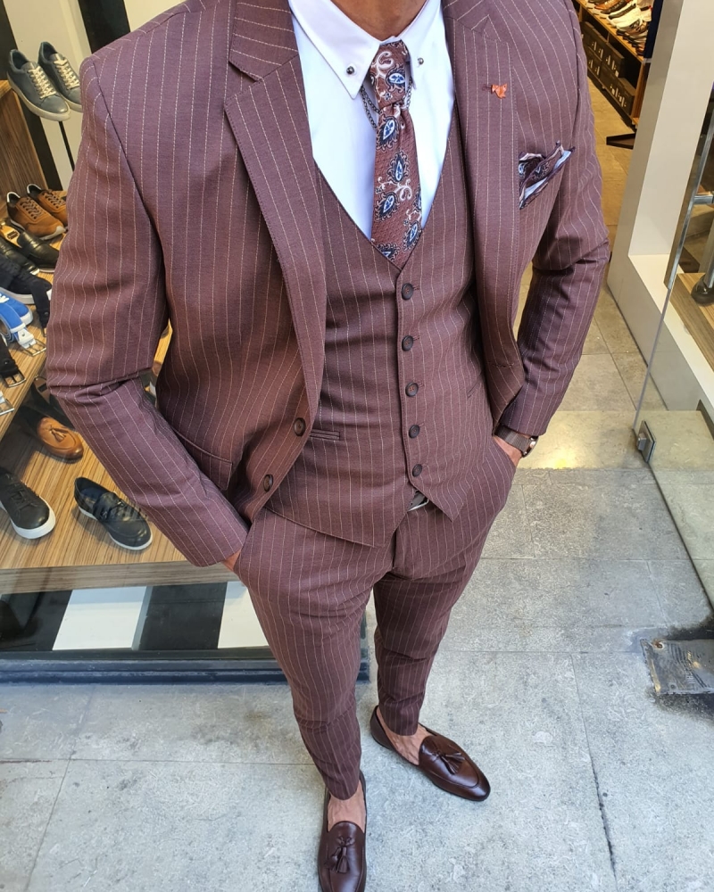 Camel Slim Fit Pinstripe Suit for Men by GentWith.com with Free Worldwide Shipping