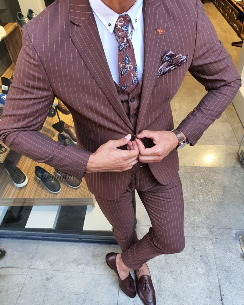 Camel Slim Fit Pinstripe Suit for Men by GentWith.com with Free Worldwide Shipping