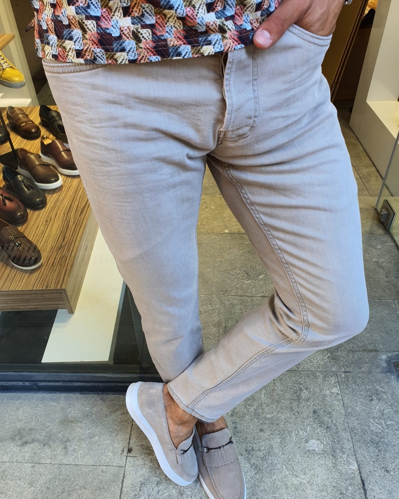 Beige Slim Fit Handmade Jeans for Men by GentWith.com with Free Worldwide Shipping
