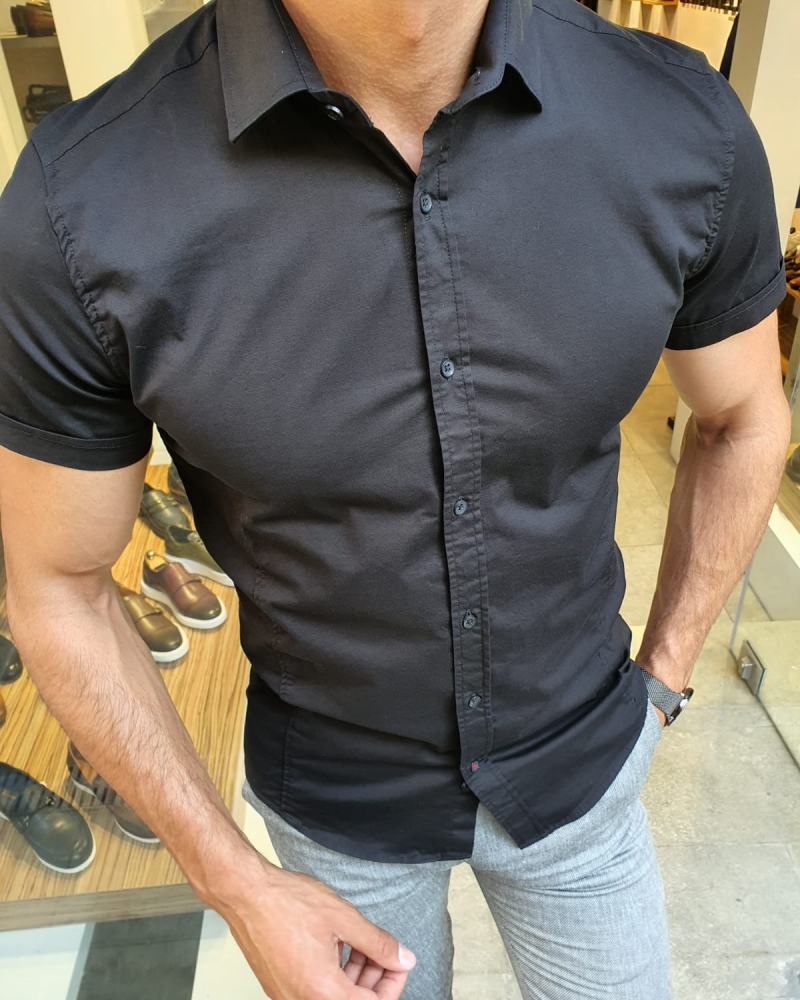 Black Slim Fit Short Sleeve Shirt for Men by GentWith.com with Free Worldwide Shipping