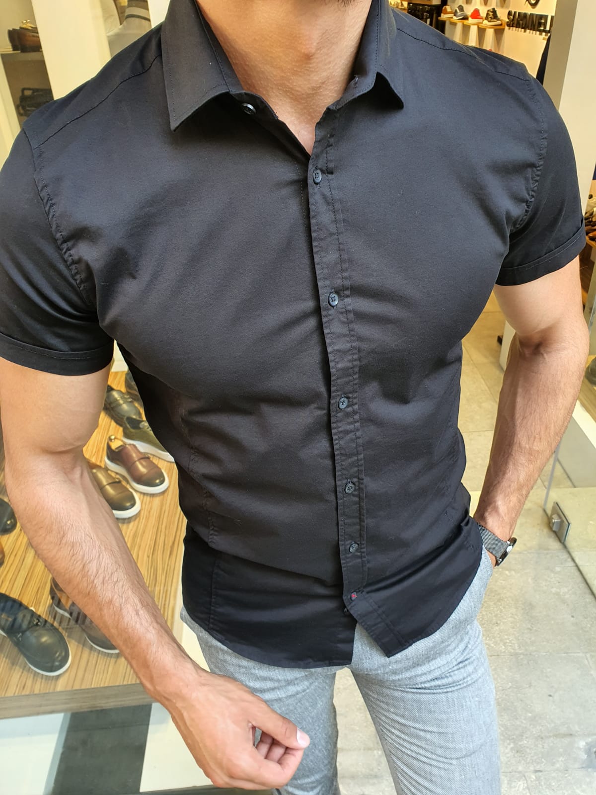 GentWith Sparks Black Slim Fit Short Sleeve Shirt