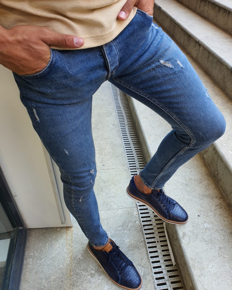 Buy Blue Slim Fit Handmade Ripped Jeans by GentWith | Free Shipping