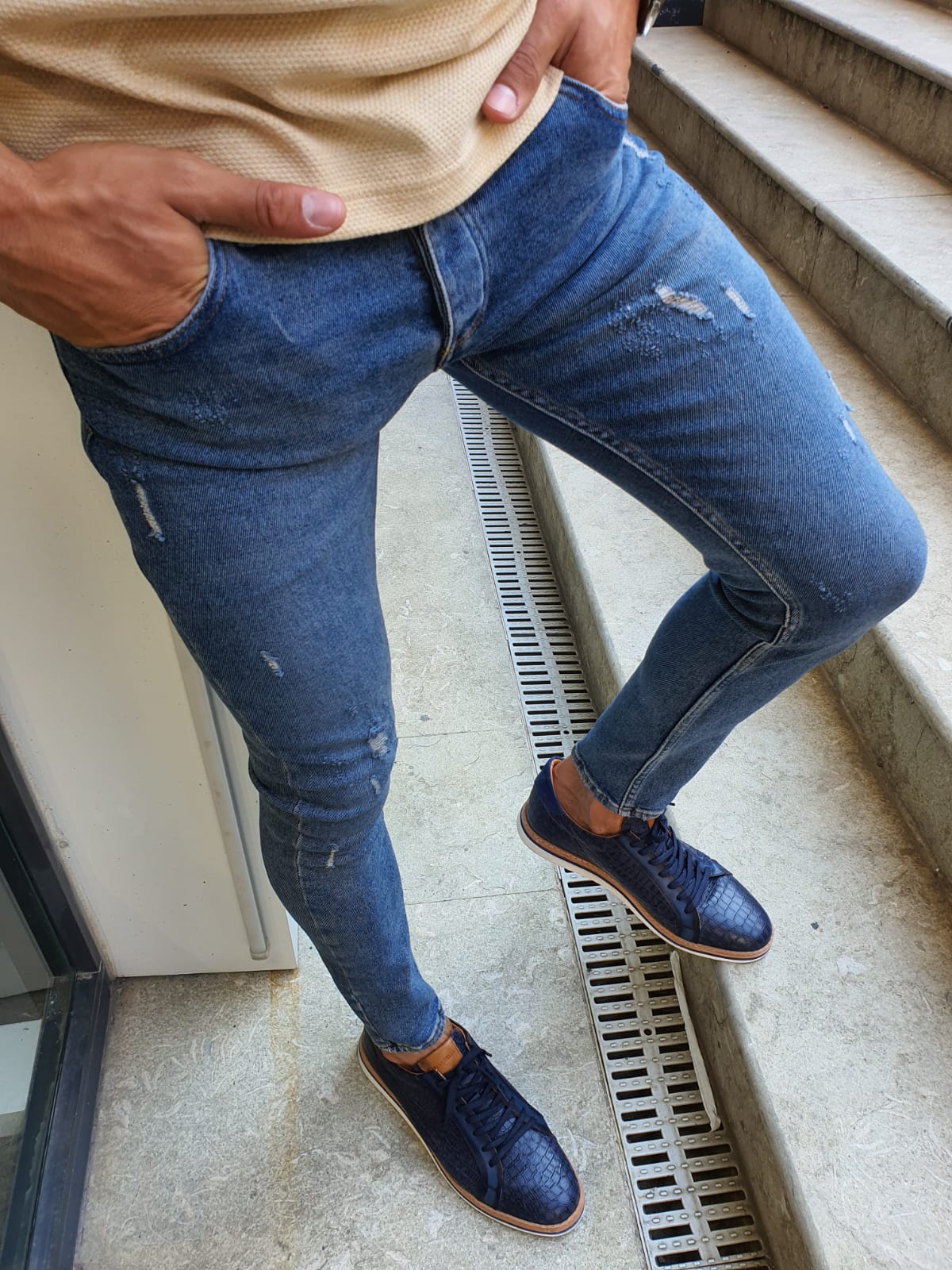 Buy Blue Slim Fit Handmade Ripped Jeans by GentWith | Free Shipping