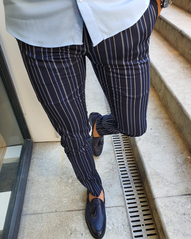 Navy Blue Slim Fit Pinstripe Pants for Men by GentWith.com with Free Worldwide Shipping