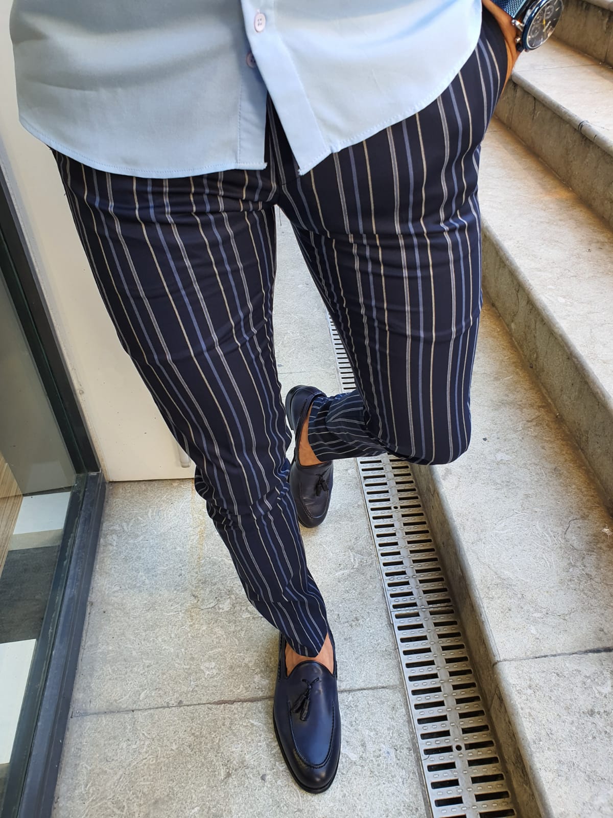 Buy Navy Blue Slim Fit Striped Pants by Gentwithcom with Free Shipping   Mens fashion suits Navy slim pants Mens casual outfits