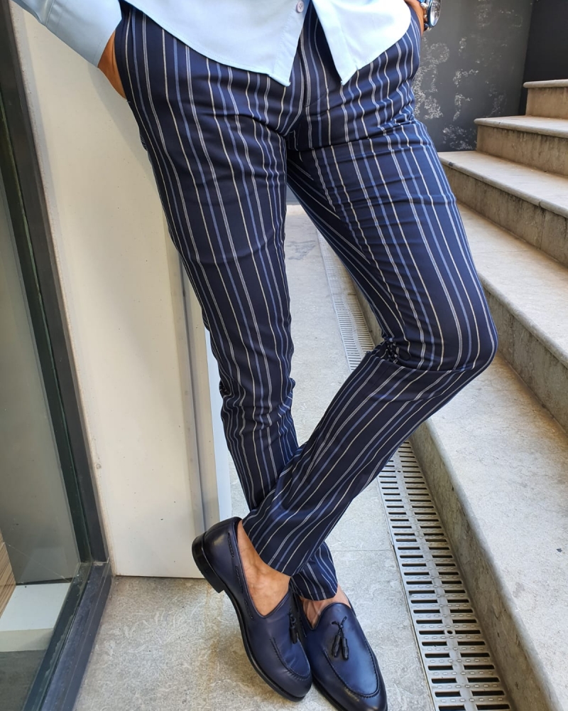 Navy Blue Slim Fit Pinstripe Pants for Men by GentWith.com with Free Worldwide Shipping