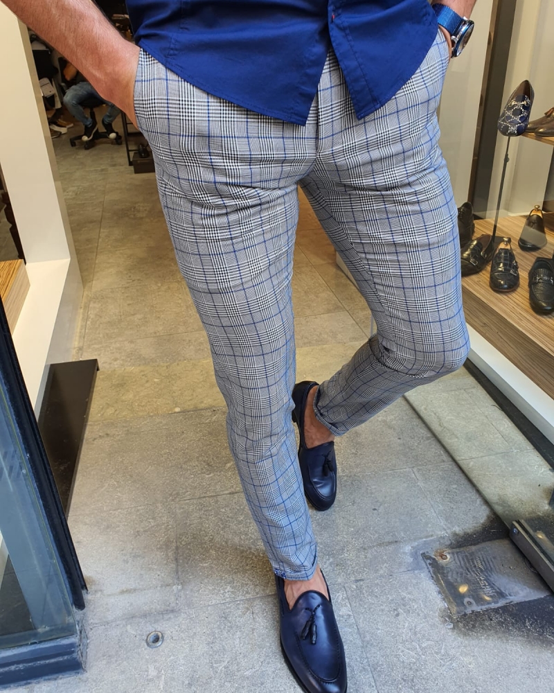 Sax Slim Fit Plaid Pants for Men by GentWith.com with Free Worldwide Shipping