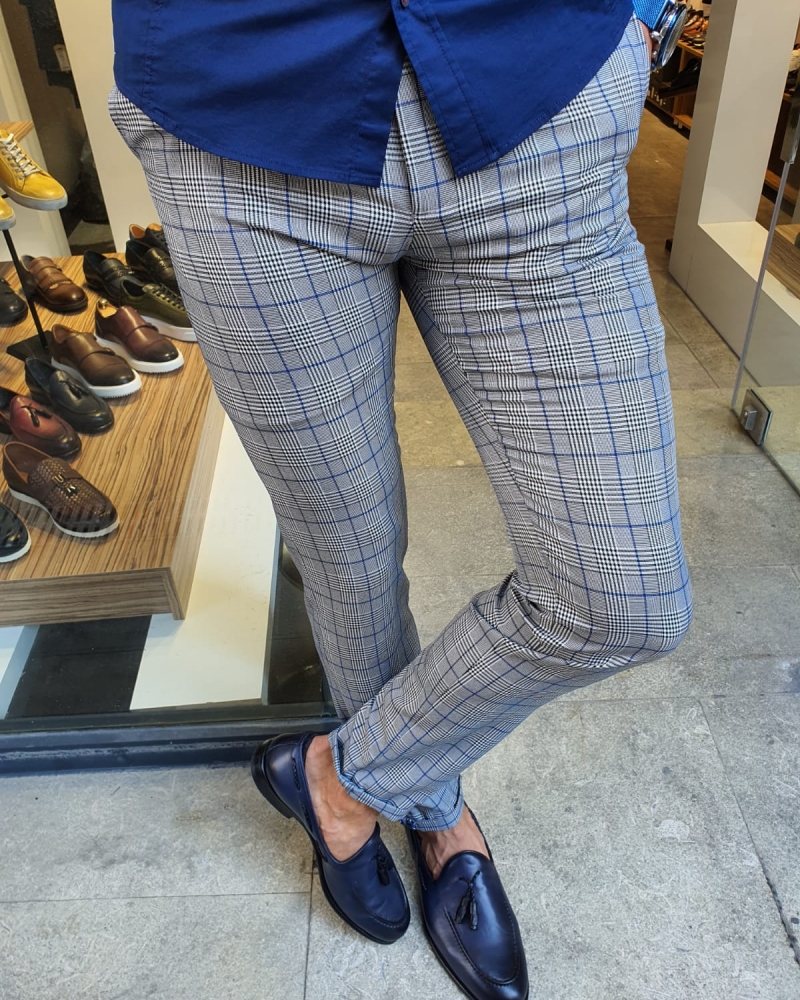 Sax Slim Fit Plaid Pants for Men by GentWith.com with Free Worldwide Shipping