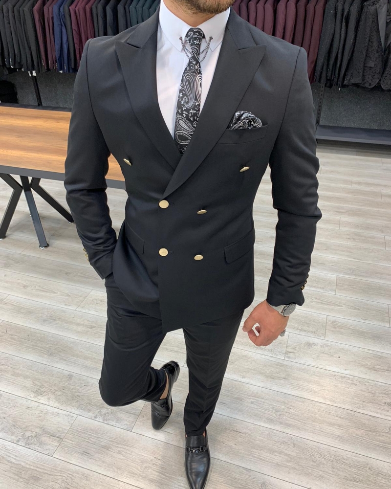 Black Slim Fit Double Breasted Suit by GentWith.com with Free Worldwide Shipping