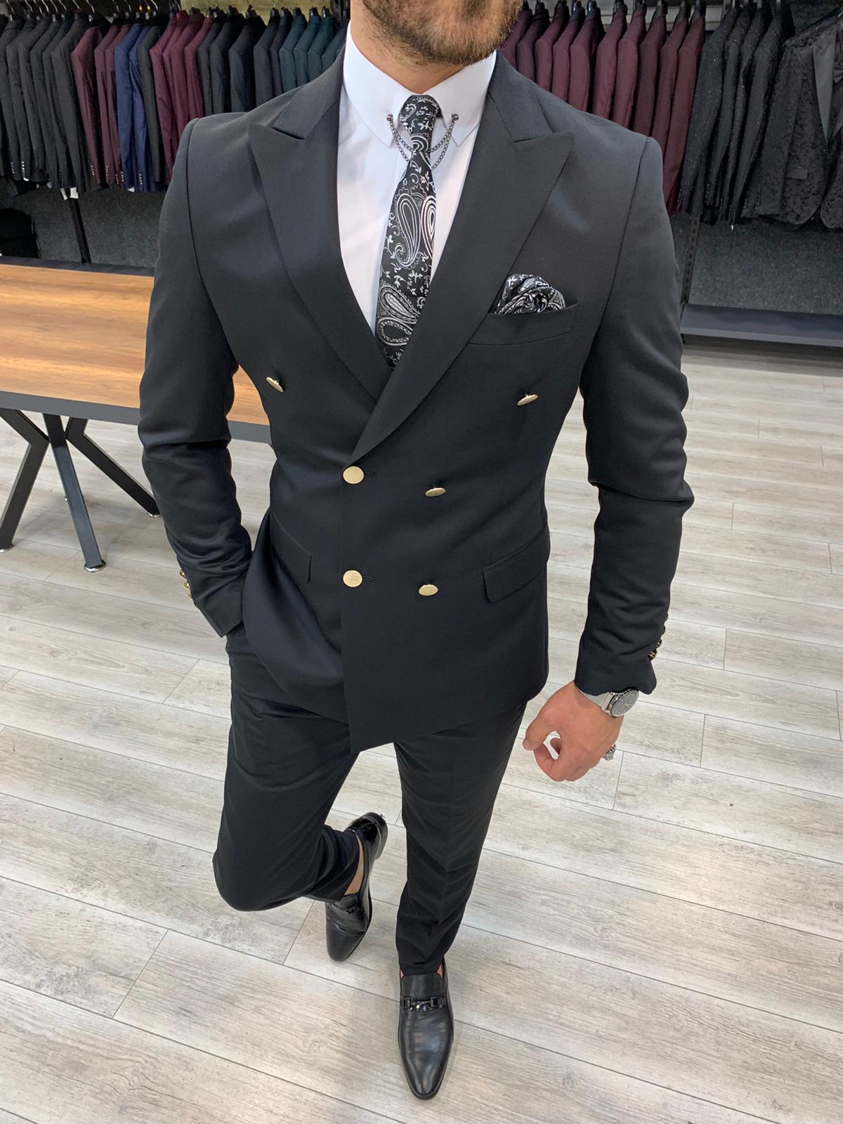 Buy Black Slim Fit Double Breasted Suit by GentWith | Free Shipping