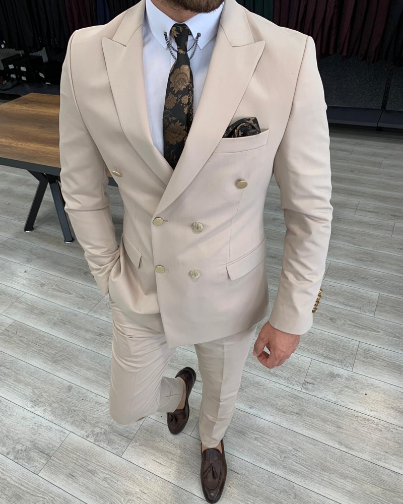 Cream Slim Fit Double Breasted Suit by GentWith.com with Free Worldwide Shipping