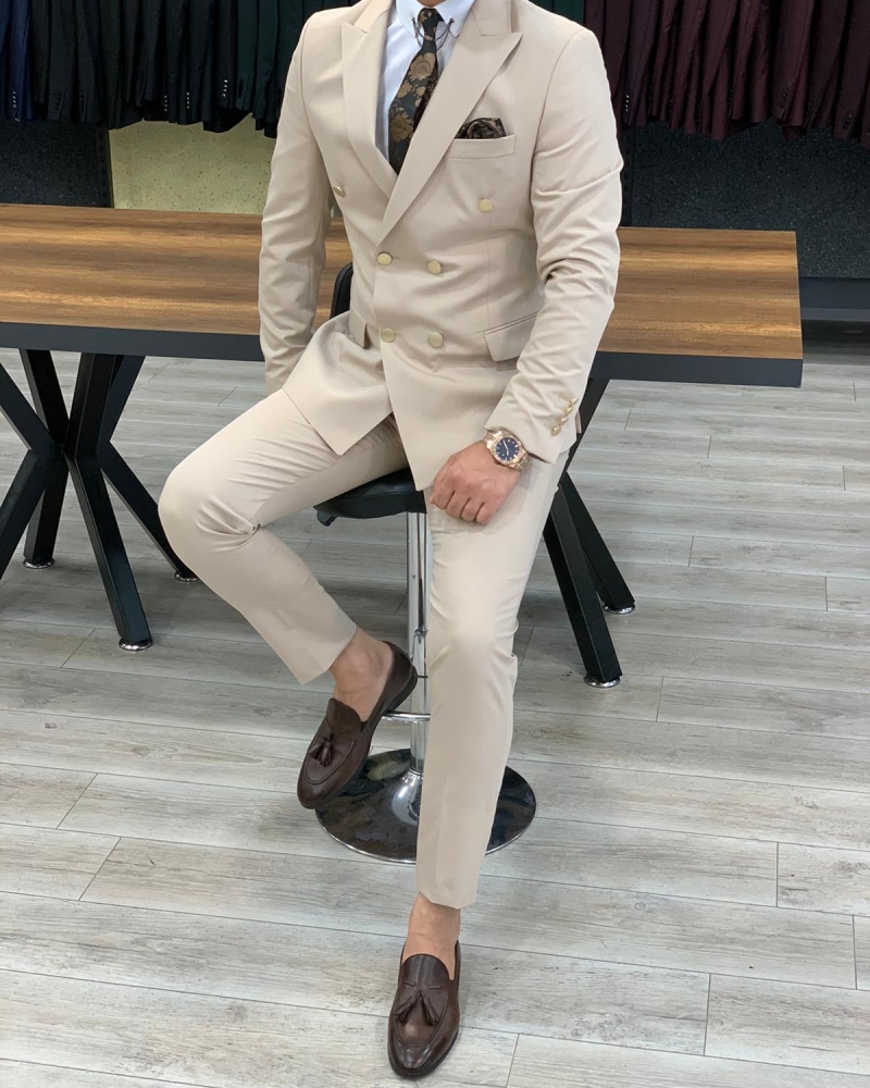 Cream Slim Fit Double Breasted Suit by GentWith.com with Free Worldwide Shipping