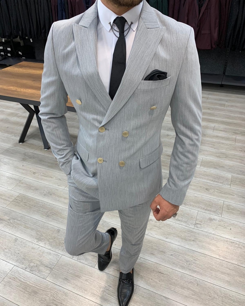 Gray Slim Fit Double Breasted Suit by GentWith.com with Free Worldwide Shipping