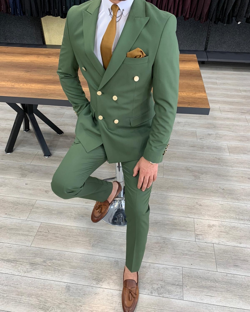 Green Slim Fit Double Breasted Suit by GentWith.com with Free Worldwide Shipping