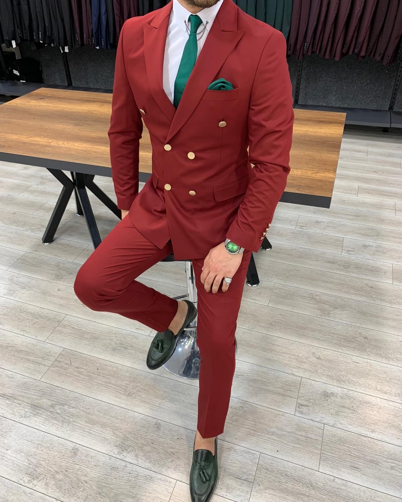 Maroon Slim Fit Double Breasted Suit by GentWith.com with Free Worldwide Shipping