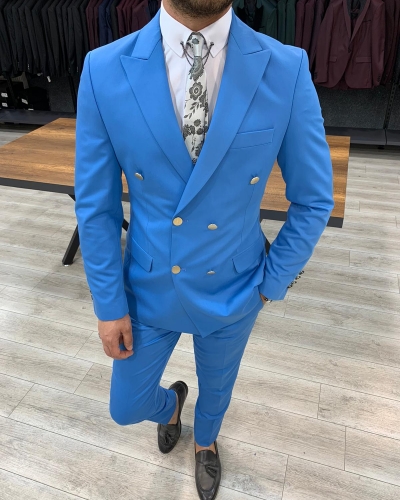 Turquoise Double Breasted Suit by GentWith.com with Free Worldwide Shipping