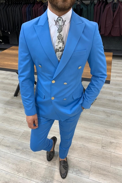 Turquoise Double Breasted Suit by GentWith.com with Free Worldwide Shipping