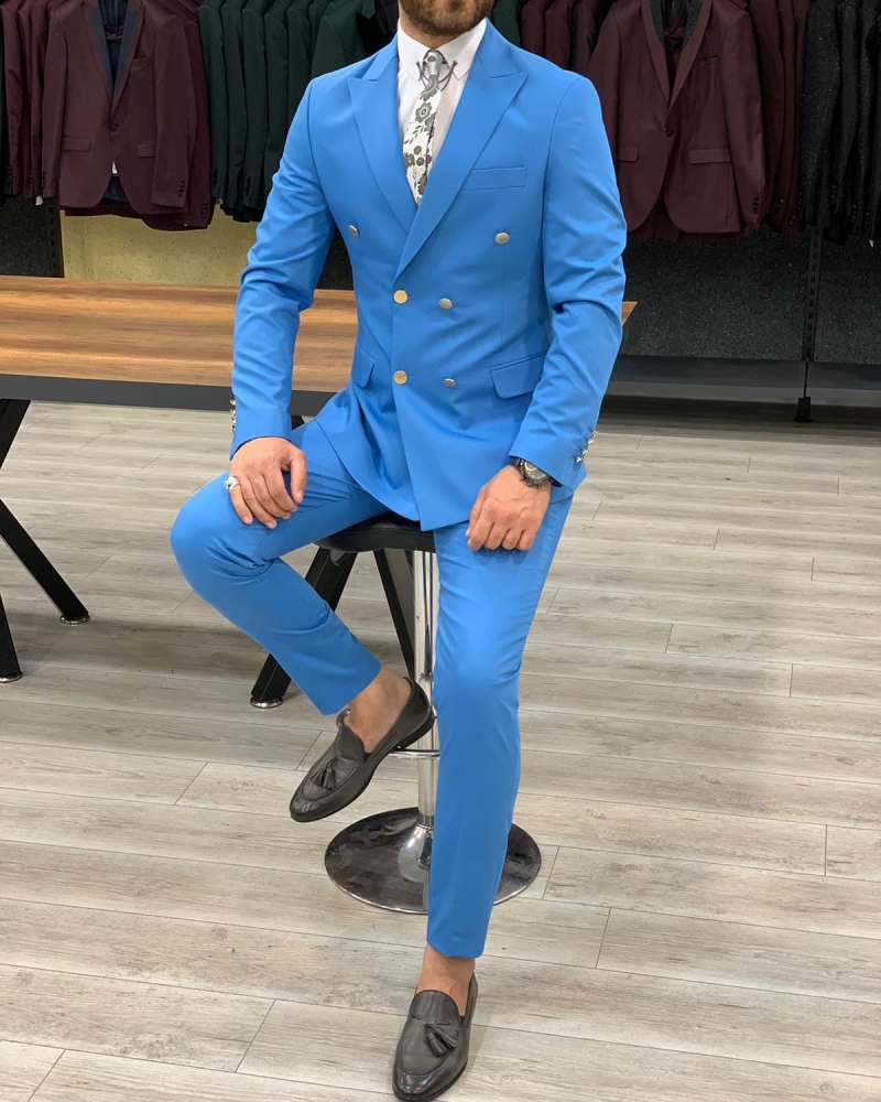 Turquoise Slim Fit Double Breasted Suit by GentWith.com with Free Worldwide Shipping