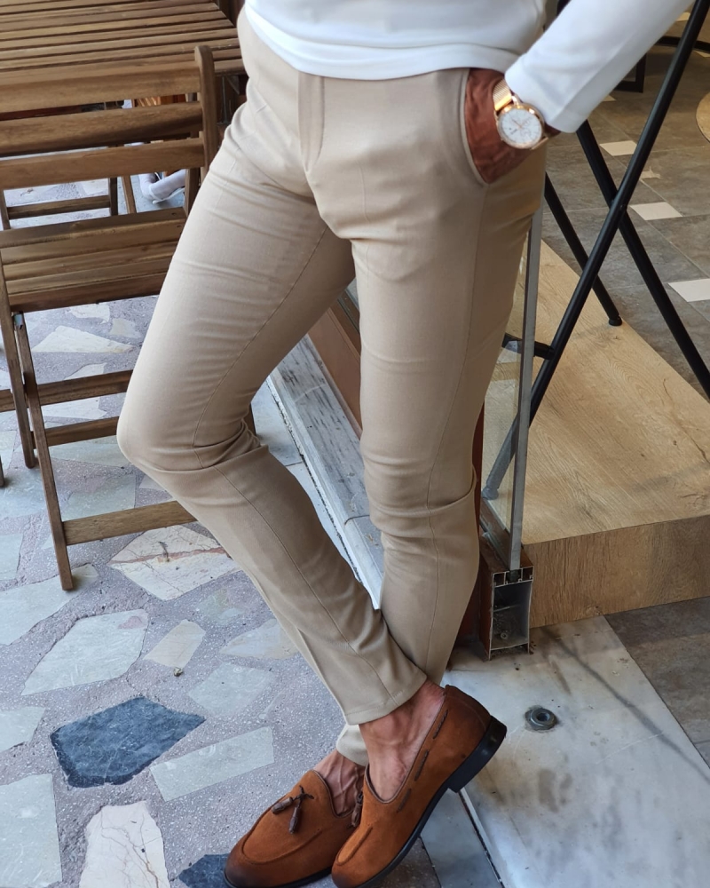 Beige Slim Fit Pants by GentWith.com with Free Worldwide Shipping