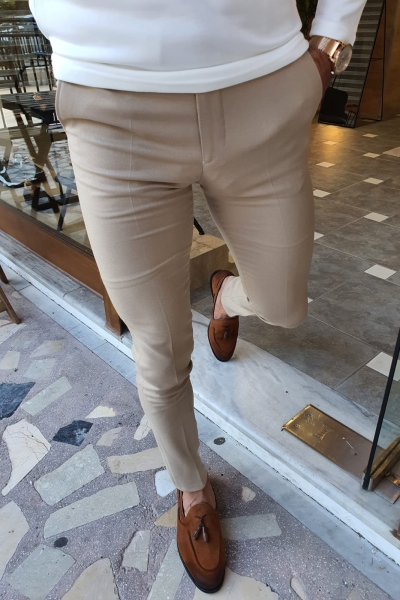 Beige Slim Fit Pants by GentWith.com with Free Worldwide Shipping