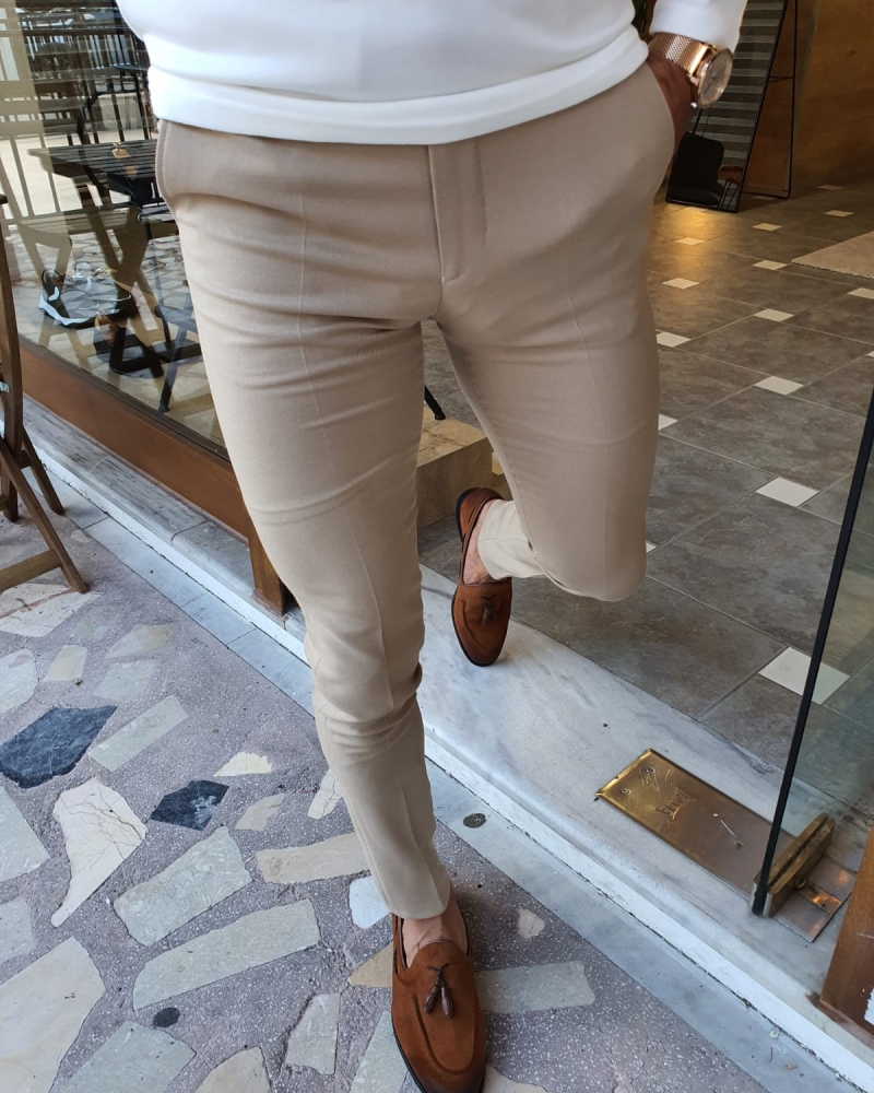 Beige Slim Fit Pants by GentWith.com with Free Worldwide Shipping