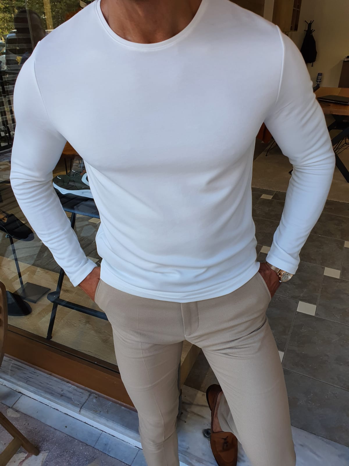 GentWith Anchorage White Slim Fit Round Neck T-Shirt 