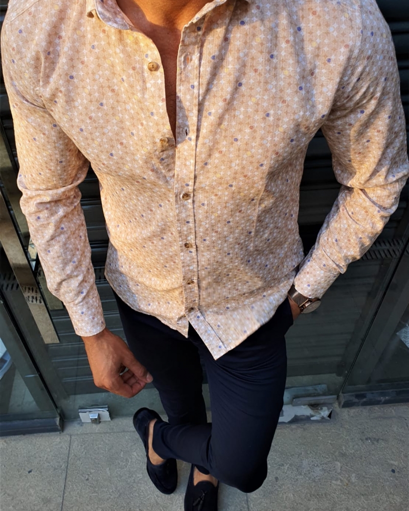 Beige Slim Fit Patterned Cotton Shirt by GentWith.com with Free Worldwide Shipping